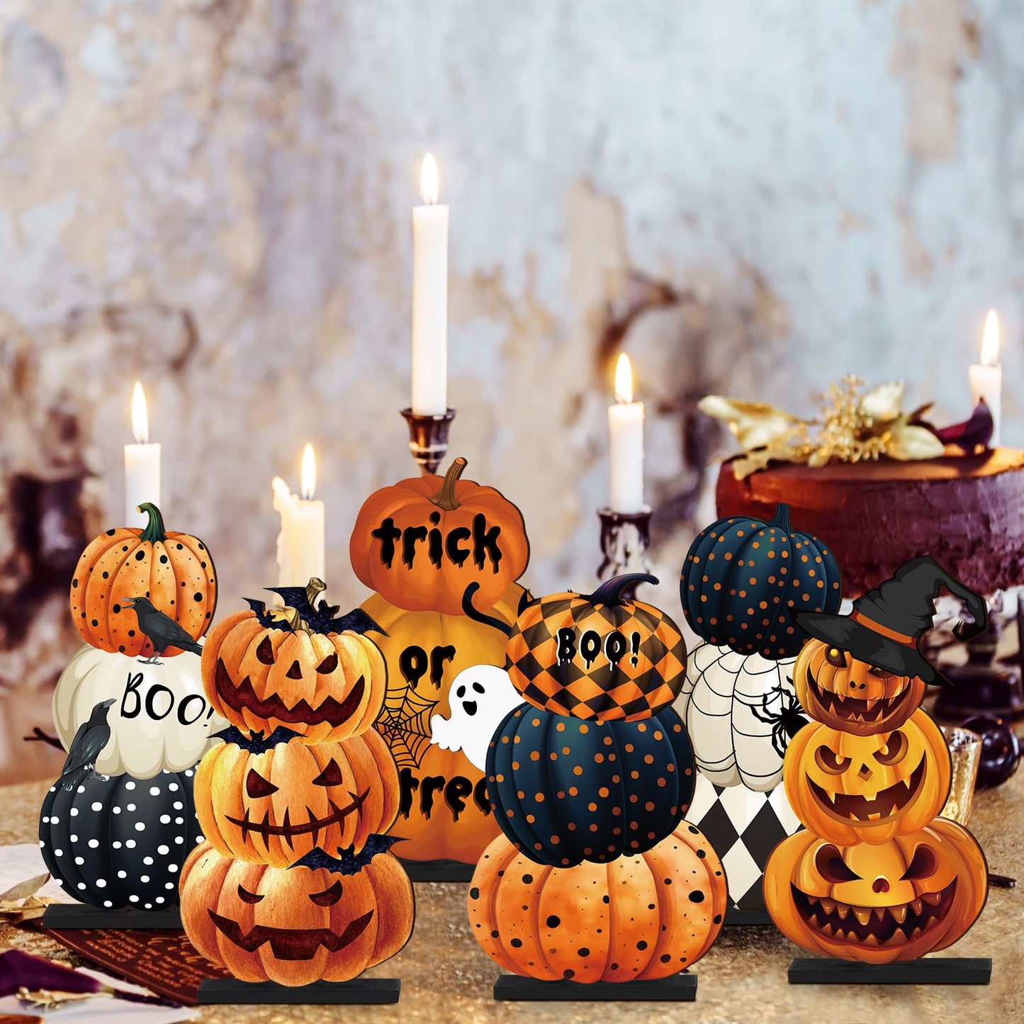 Soaoo 6 Pcs Halloween Table Decoration Pumpkin Table Centerpiece Home Ornament Indoor Wooden Sign for Halloween Party Dinner Kitchen Decor