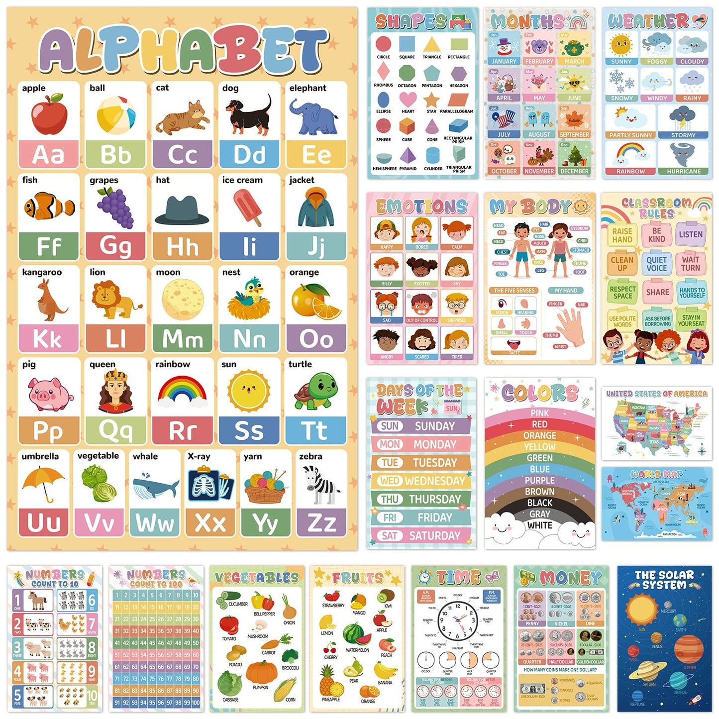 Gorsbark 18 Educational Posters for Toddlers 1-3, Laminated Learning Posters with Alphabet & Numbers Chart, Boho Classroom Kindergarten Preschool Decor, 11"x17"