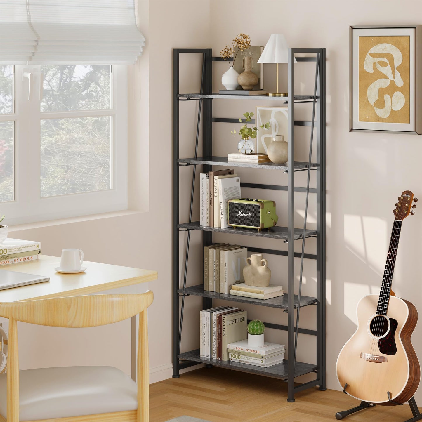 BHG Vintage Multifunctional Folding Bookshelf, No-Assembly Plant Stand Storage Rack Shelves for Home Office (Gray, 5-Tier)