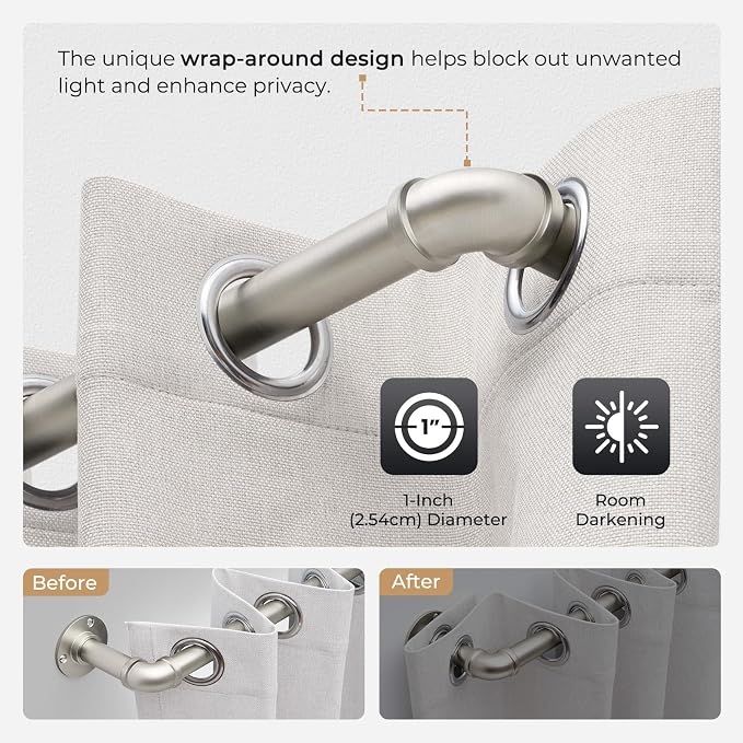 Zeerobee Curtain Rods for Windows 32 to 48, 1 Inch Industrial Wrap Around Brushed Nickel Curtain Rod, Indoor/Outdoor Room Divider Adjustable Drapery Pole, 32"-48"