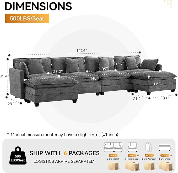 147'' Sectional Cloud Deep Seat Couch, Oversized Chenille U Shaped Sectional