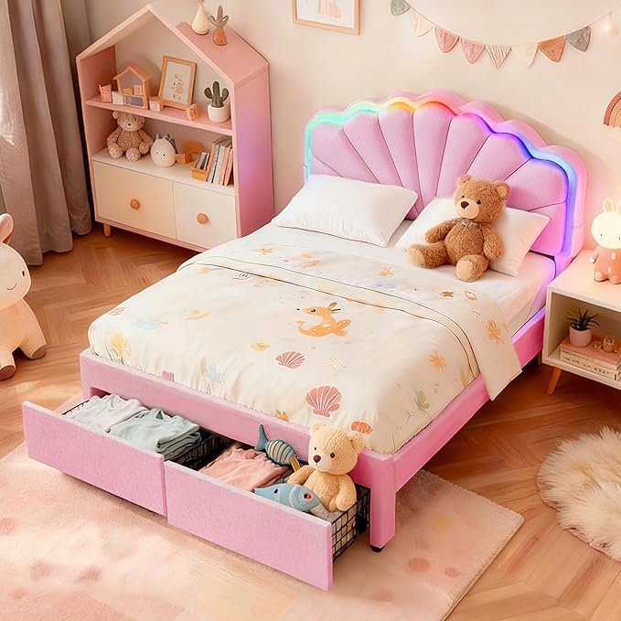 Full Upholstered Bed with 2 Drawers, Charging Station and LED Lighting