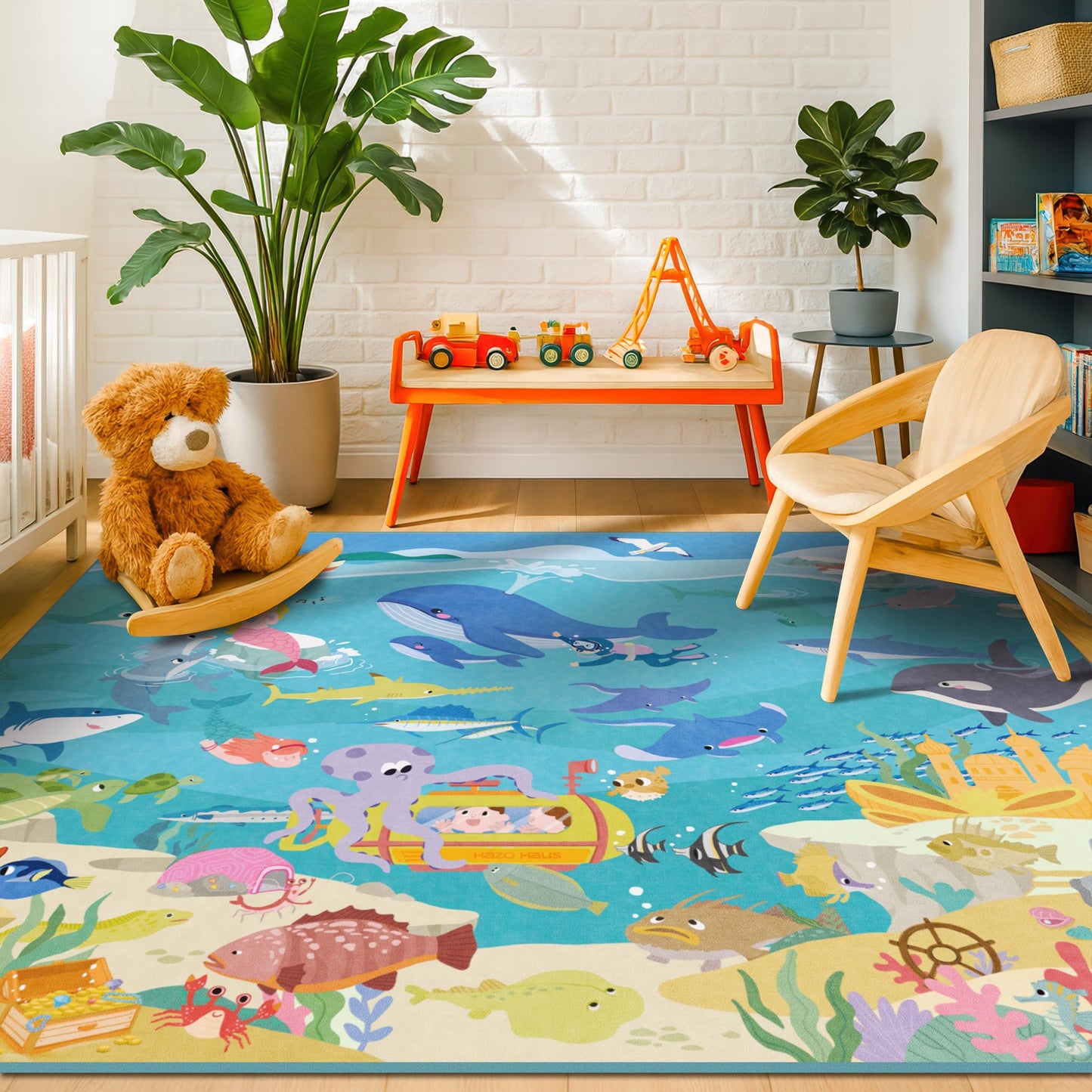Ocean Themed Rug for Kids Room – 6x9 Blue Rug for Kids Room, Sea Creatures & Mermaid, Fish, Washable Non Slip Soft Carpet for Classroom, Bedroom or Playroom