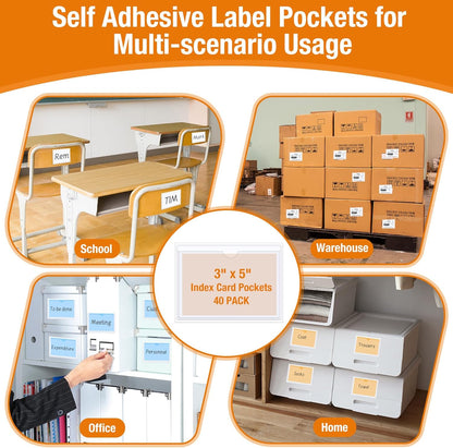 40 PCS Index Card Pockets, Self Adhesive Card Pockets 3"X5" with Top Open, Clear Label Pockets for Storage Bins, Plastic Labels Holders for Organizing, Loading, Drawer,Library Card, Totes (3"X5")