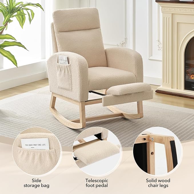Nursery Rocking Chair with Foot Rest, High Back Upholstered Glider Rocker Chair