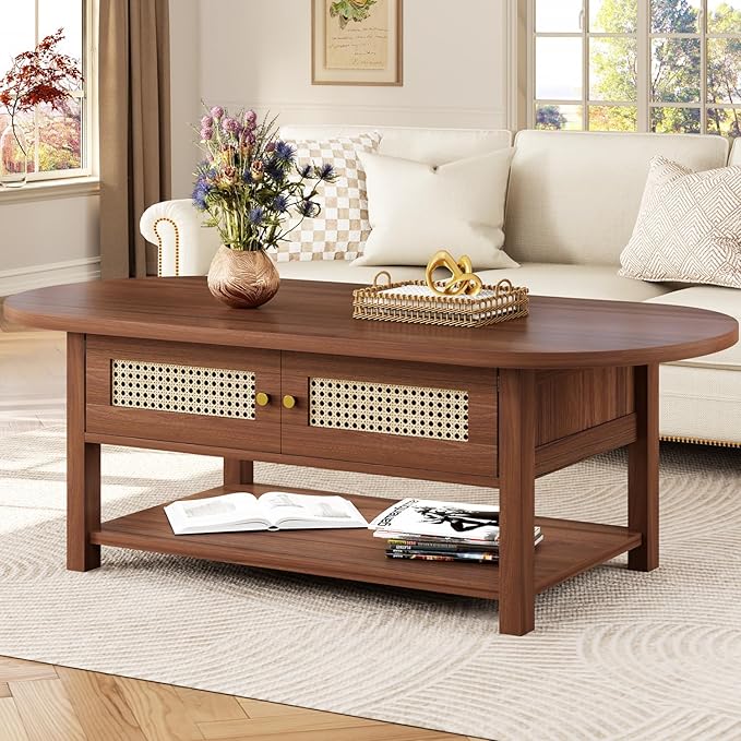 LVB Rattan Coffee Table, Boho Wood Living Room Table