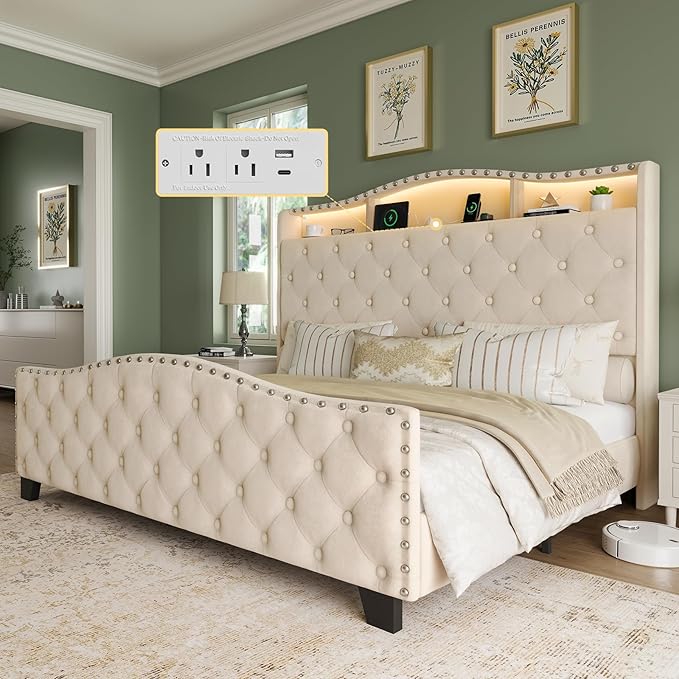 Belffin Queen Size Bed Frame and Headboard, 50.9" Velvet Upholstered Wingback