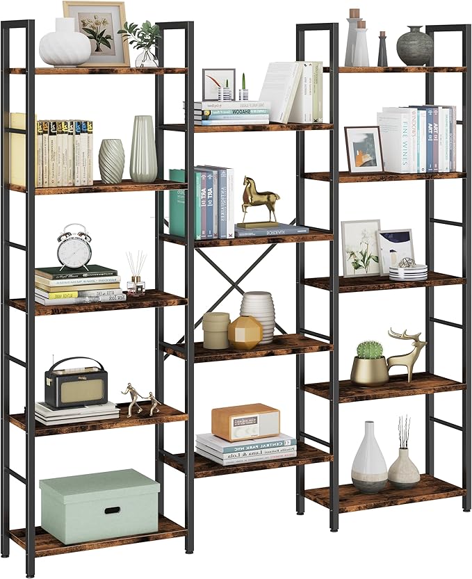 Shintenchi Triple Column 5 Tier Bookshelf, Industrial Large Bookcase Display