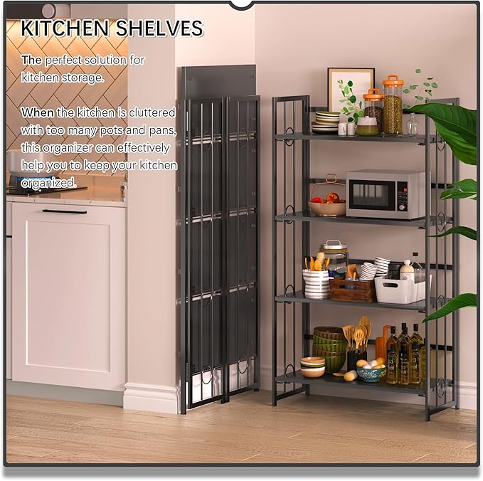 4NM No Assembly 4 Tiers Folding Bookshelf, 47.2" H Foldable Storage Shelves