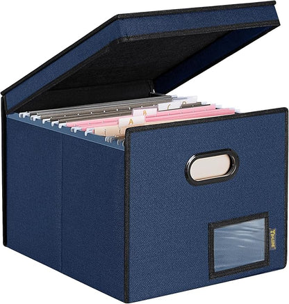 BALEINE File Organizer Box with Lid, Collapsible File Folder Organizer with Plastic Slide, Hanging File Folder Box for Office Document Storage (Tab Friendly, 1 Pack, Blue)