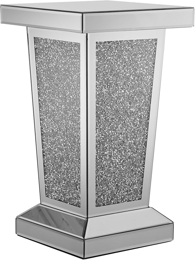 Silver Mirrored End Table with Crystal, Modern Side Accent Table, Square Small