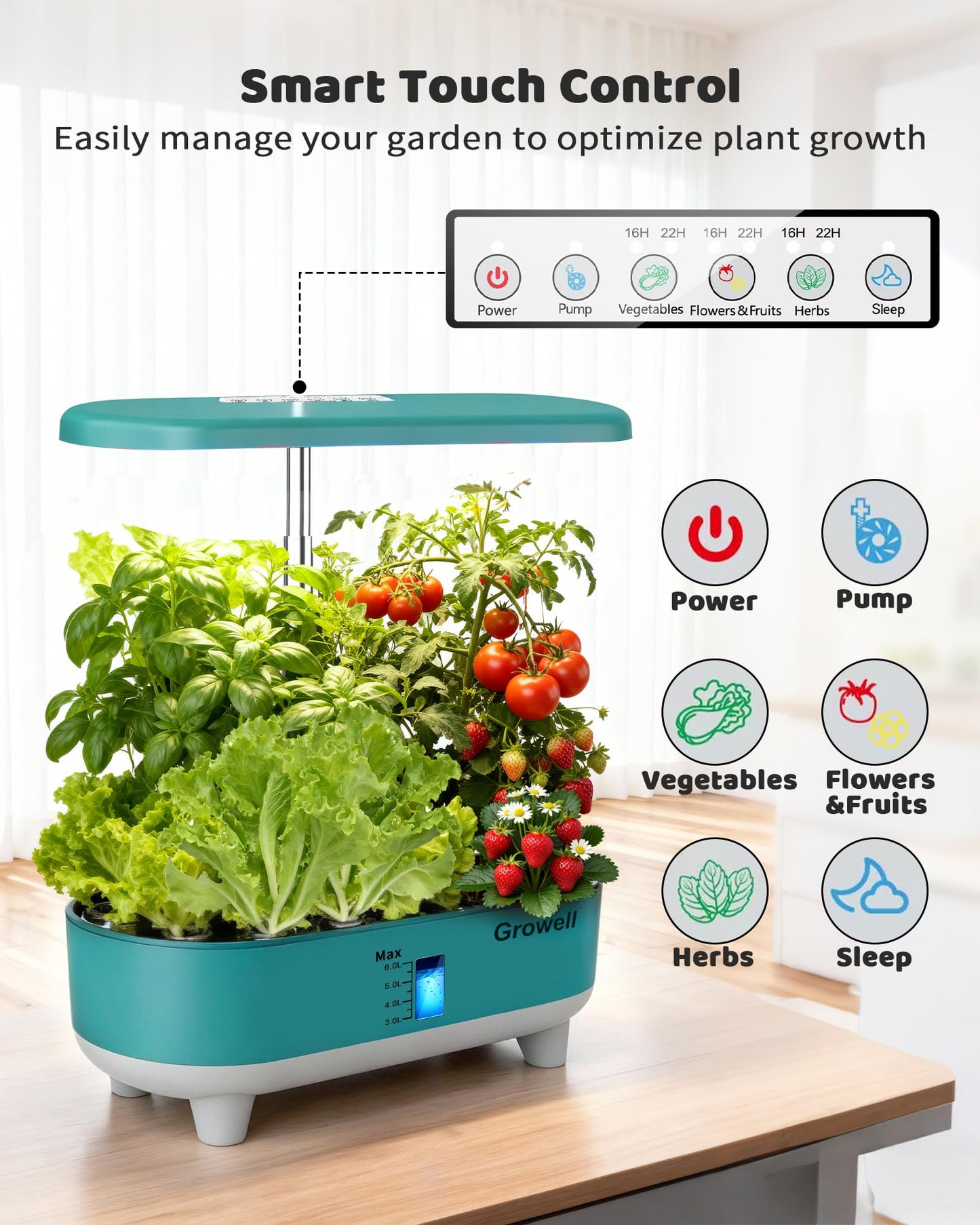 Growell Hydroponics Growing System Kit, 16 Pods, Vertical 8L Indoor Gardening System for Herb Vegetable Fruit, Hydro Garden with LED Grow Light, Smart Water Circulation, 3 Light Modes & 2 Timer, Green