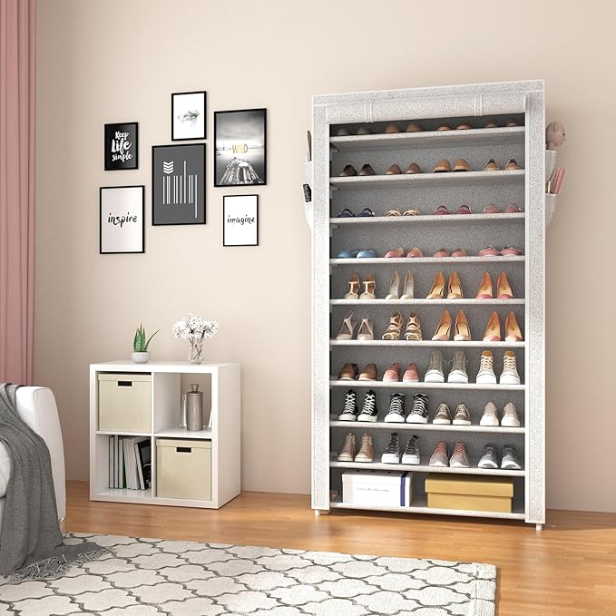 ROJASOP 10 Tier Shoe Rack with Covers Large Capacity Stackable Tall Shoe Shelf