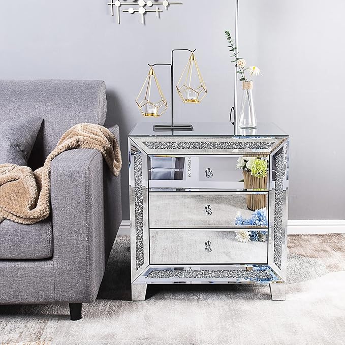 VINGLI Mirrored Nightstands Set of 2, Modern Bedside Table 3 Drawer Glass Side
