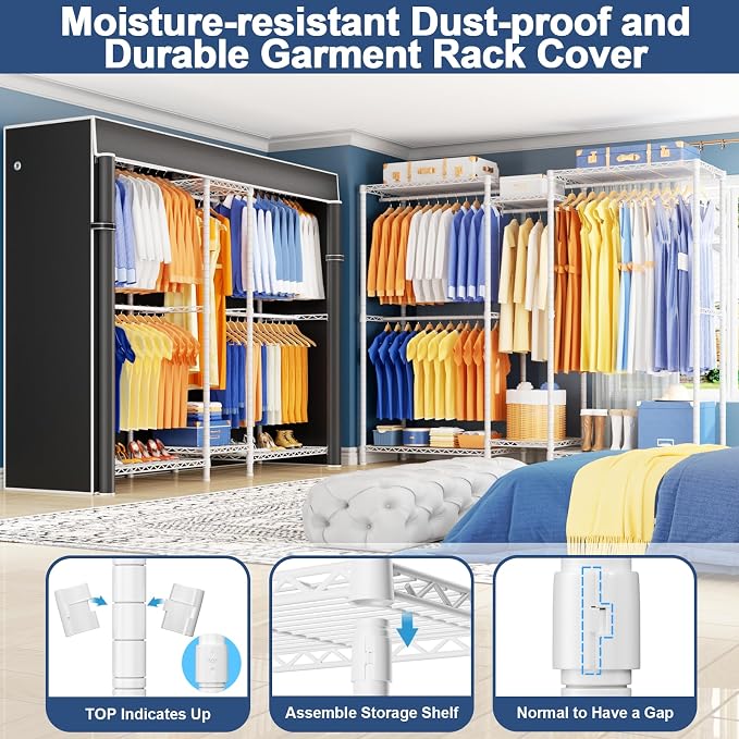 Ulif E12C Pro Heavy Duty Closet Organizer System，Freestanding Clothing Racks for Hanging Clothes，Adjustable Garment Rack 71"W x 16"D x 76.5"H Hold 960lbs，White Clothing Rack with Black Dustproof Cover