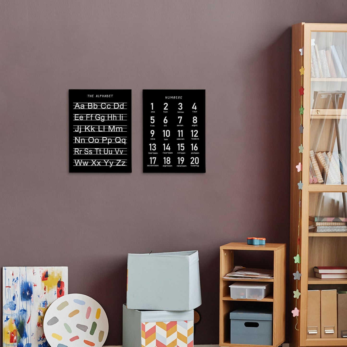 HRQKO Black Alphabet Numbers Nursery Canvas Wall Art Set of 2, Kids Room Decor Framed Art, Black ABC Numbers Educational Posters Wall Decor for Classroom Toddler Nursery Bedroom Playroom, 11x14 inch