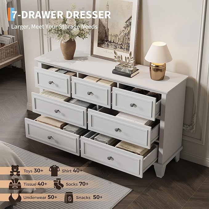 IDEALHOUSE 7 Drawer Dresser, Large Wooden Storage Chest of Drawers