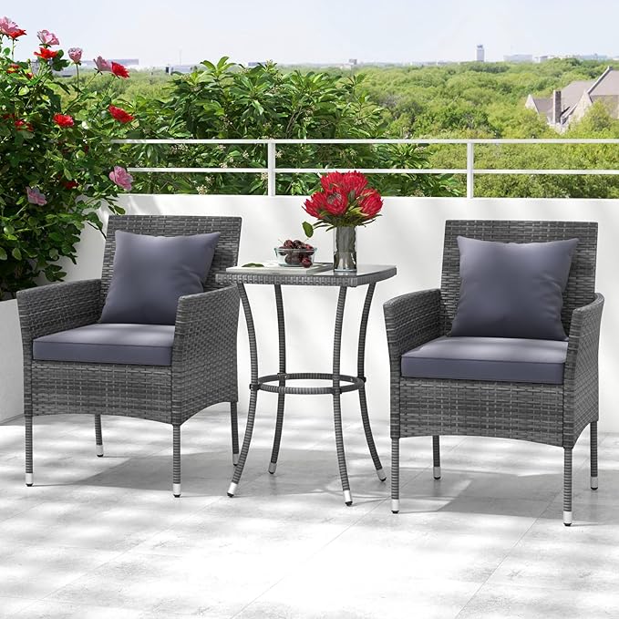 Tangkula 3-Piece Patio Furniture Set, PE Wicker Conversation Bistro Set w/A