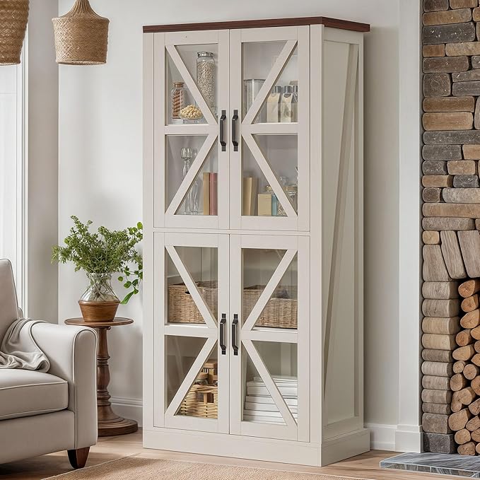 DWVO 66" Storage Cabinet, Tall Bookshelf Display Cabinet, 4 Shelves Curio