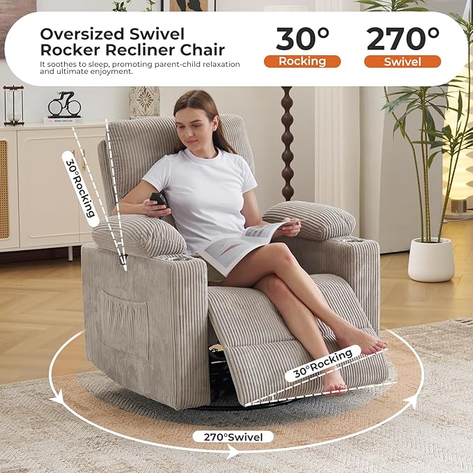 Rocking Chair Nursery with Adjustable Armrests, Electric Glider Recliner