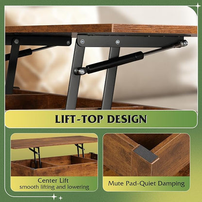 WLIVE Coffee Table, Lift Top Coffee Table with Drawers, LED Light, Large Storage and Open Shelf, Lift Tabletop for Living Room, Rustic Brown