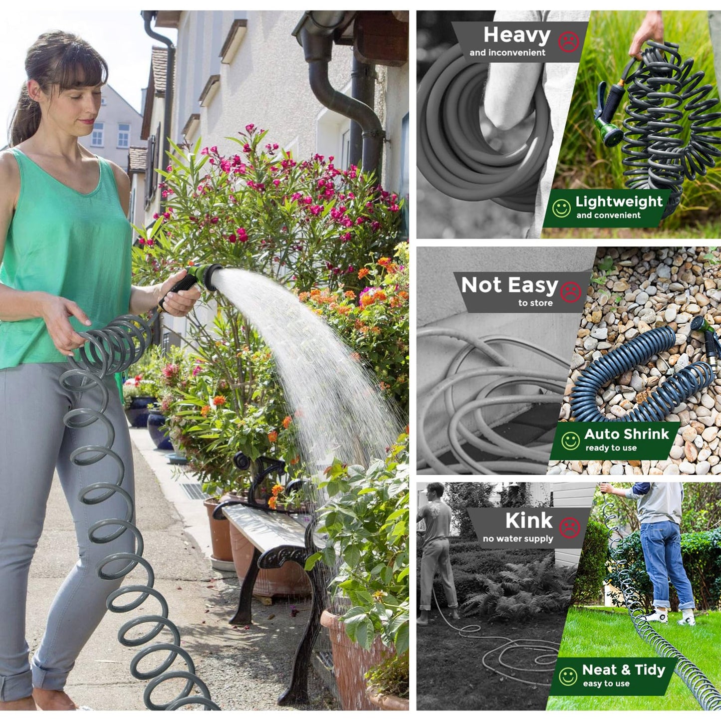 Coil Hose 25FT EVA Coil Garden Hose With 3/4'' Brass Connector Coiled Water Hose Lightweight And No Kink Includes 7 Patterns Spray Nozzle For Outdoors Lawn Watering Car Washing