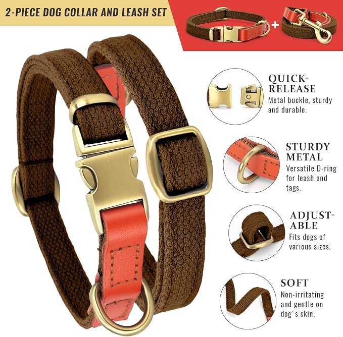 Nylon Dog Leash and Collar Set with Metal Quick Release Buckle, Adjustable, Durable High-Density Fabric, Breathable, Soft and Comfortable, No Pull for Walking and Training, Brown, M (12.5"-19.6")