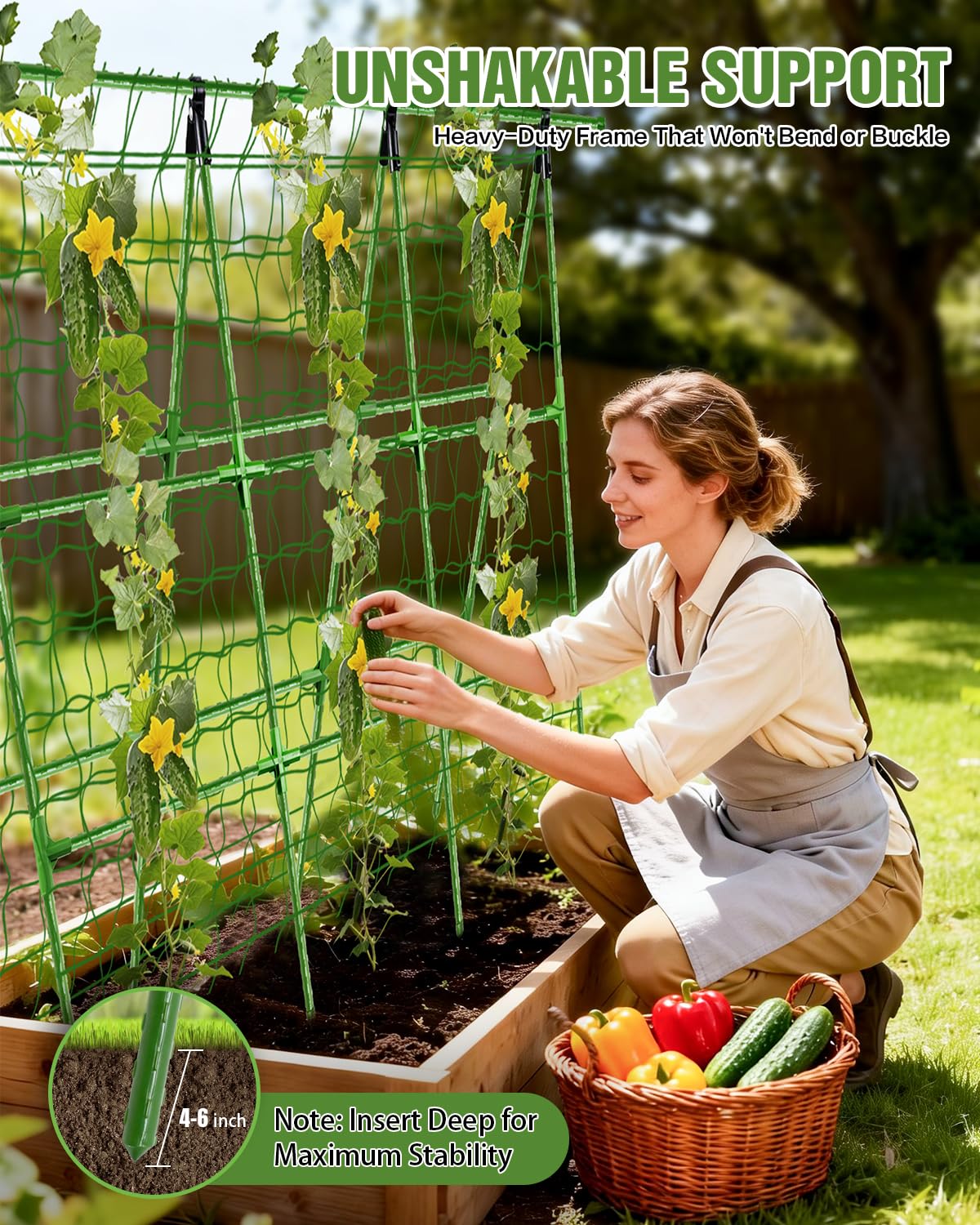 Joyhalo A-Frame Cucumber Trellis for Raised Beds, 47" Hx 57" L Adjustable Size, Garden Trellis for Climbing Plant Outdoors with Climbing Net and Plant Support Clip for Vegetable Vine Pea Bean Tomato