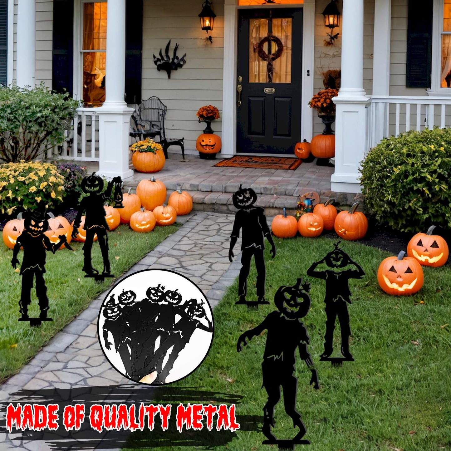 5 Pcs Metal Halloween Yard Signs Halloween Outdoor Decorations Black Metal Art Halloweens Yard Stakes Reusable Skeleton Lawn Sign for Zombie Holiday Party Supply Pumpkin Decor for Garden Prop