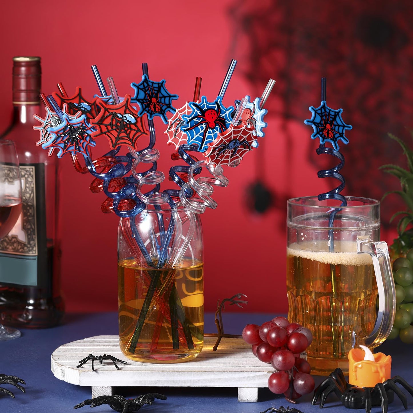 Acellegic 24 Pcs Spider Party Decorations Spider Web Drinking Straws Reusable Plastic Crazy Straws Daily Web Drinkware Accessories Halloween Goodie Bags Stuffers for Birthday Party Supplies Gifts
