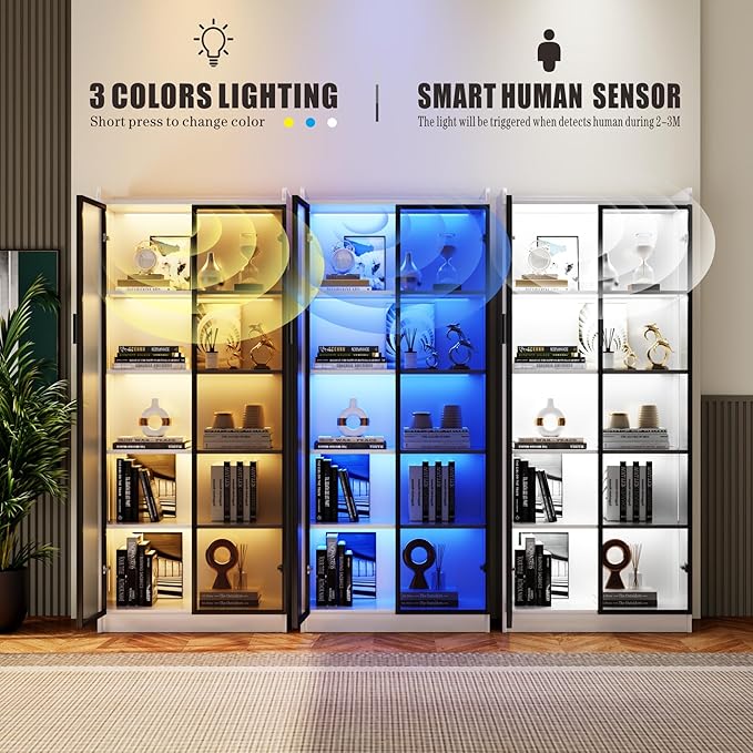 Dystler Display Cabinet with Doors and Adjustable Shelves, 5 Tier Display Case