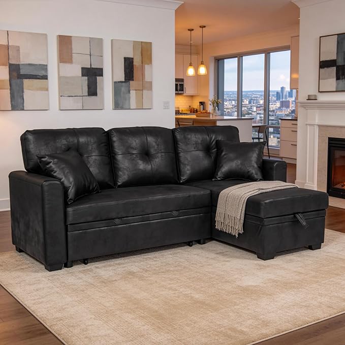 Eafurn Faux Leather Tufted Convertible Sleeper Sectional Sofa Bed, 3 Seater L