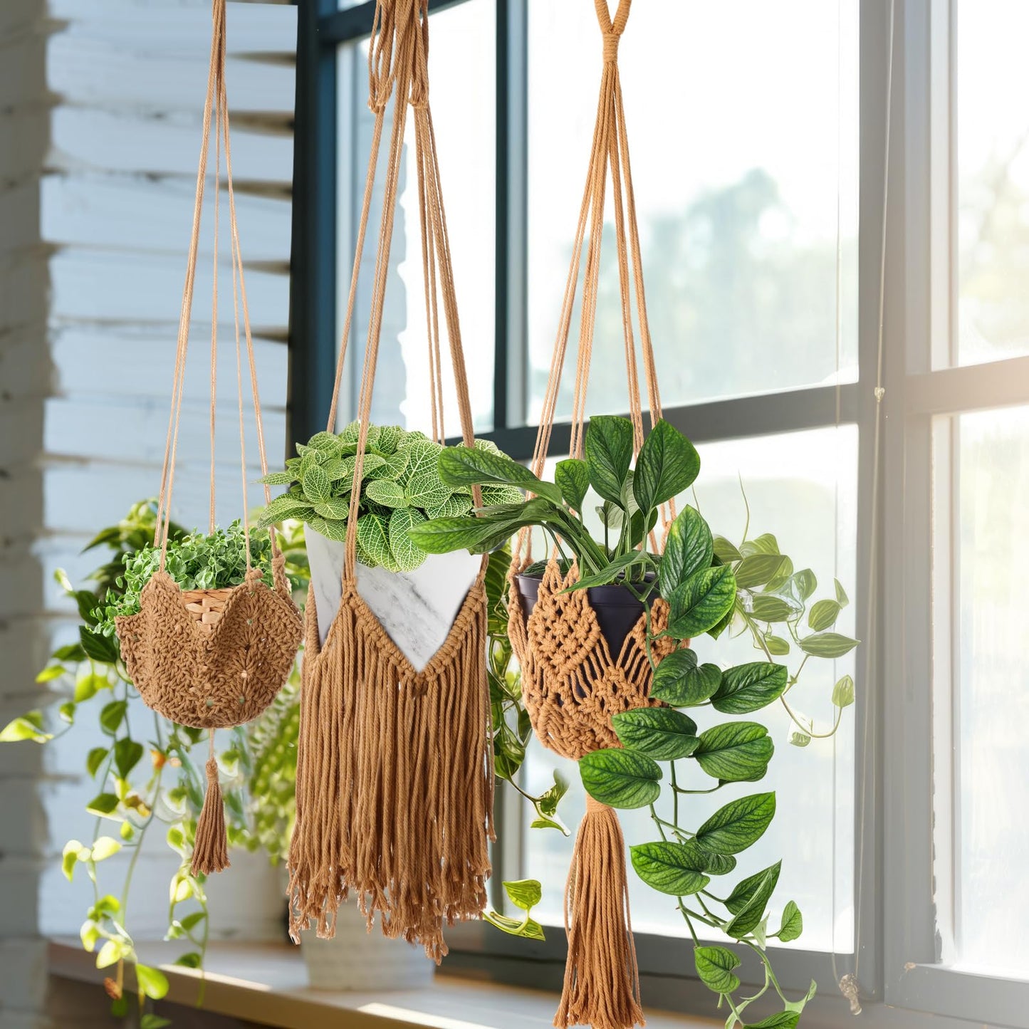 Wovnet 4 Packs Macrame Plant Hangers with Tassels Boho Crochet Hanging Plant Basketball for Indoor Outdoor Plant Hanger with 4 S Shaped Hooks for Home Decor Window Flower Pot(Brown)