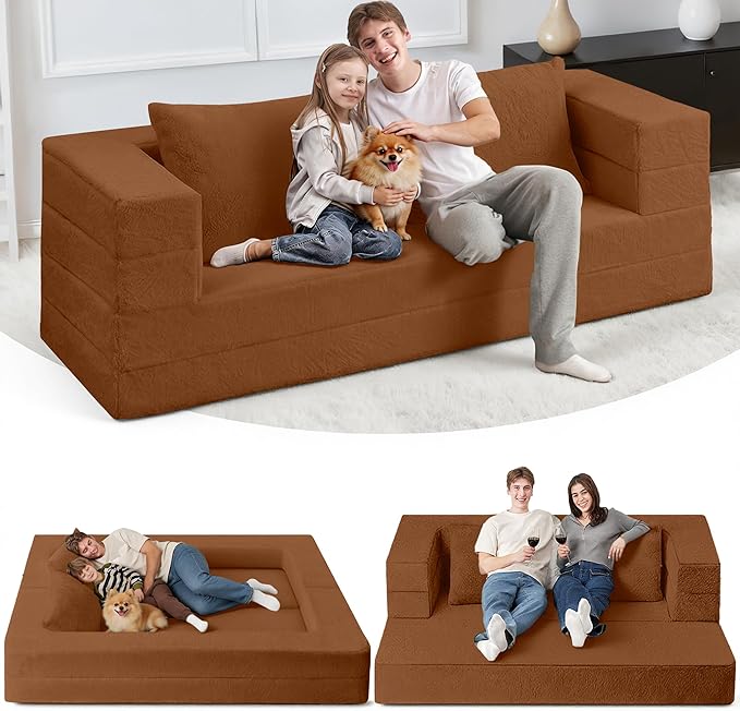 Folding Bean Bag Chair for Adults, 3-in-1 Bean Bag Couch Faux Fur Floor Sofa