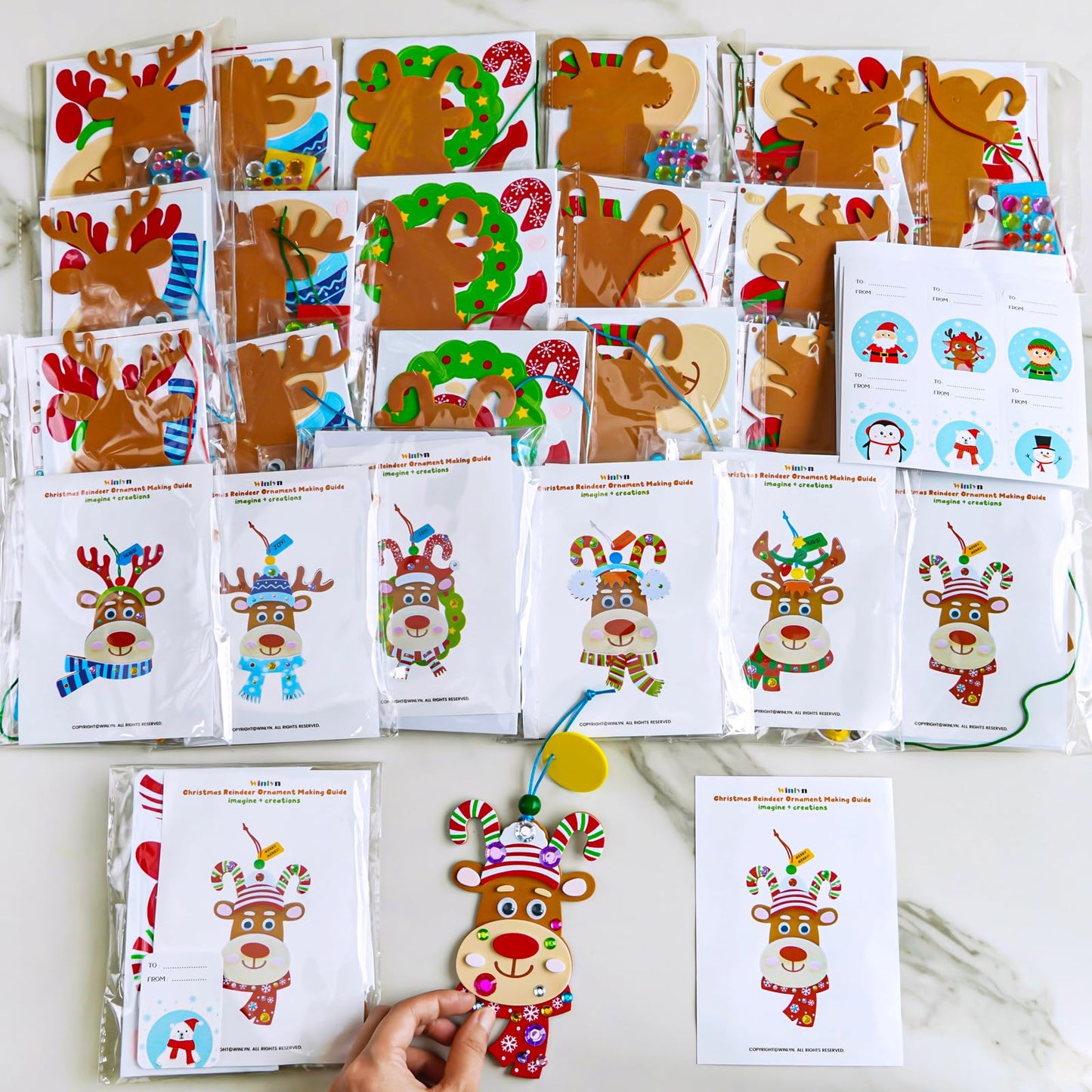 Winlyn 24 Sets Christmas Craft Kits Winter Crafts DIY Xmas Reindeer Head Ornaments Decorations Festive Foam Stickers Christmas Arts and Crafts for Kids Holiday Home Classroom Activities Party Favors