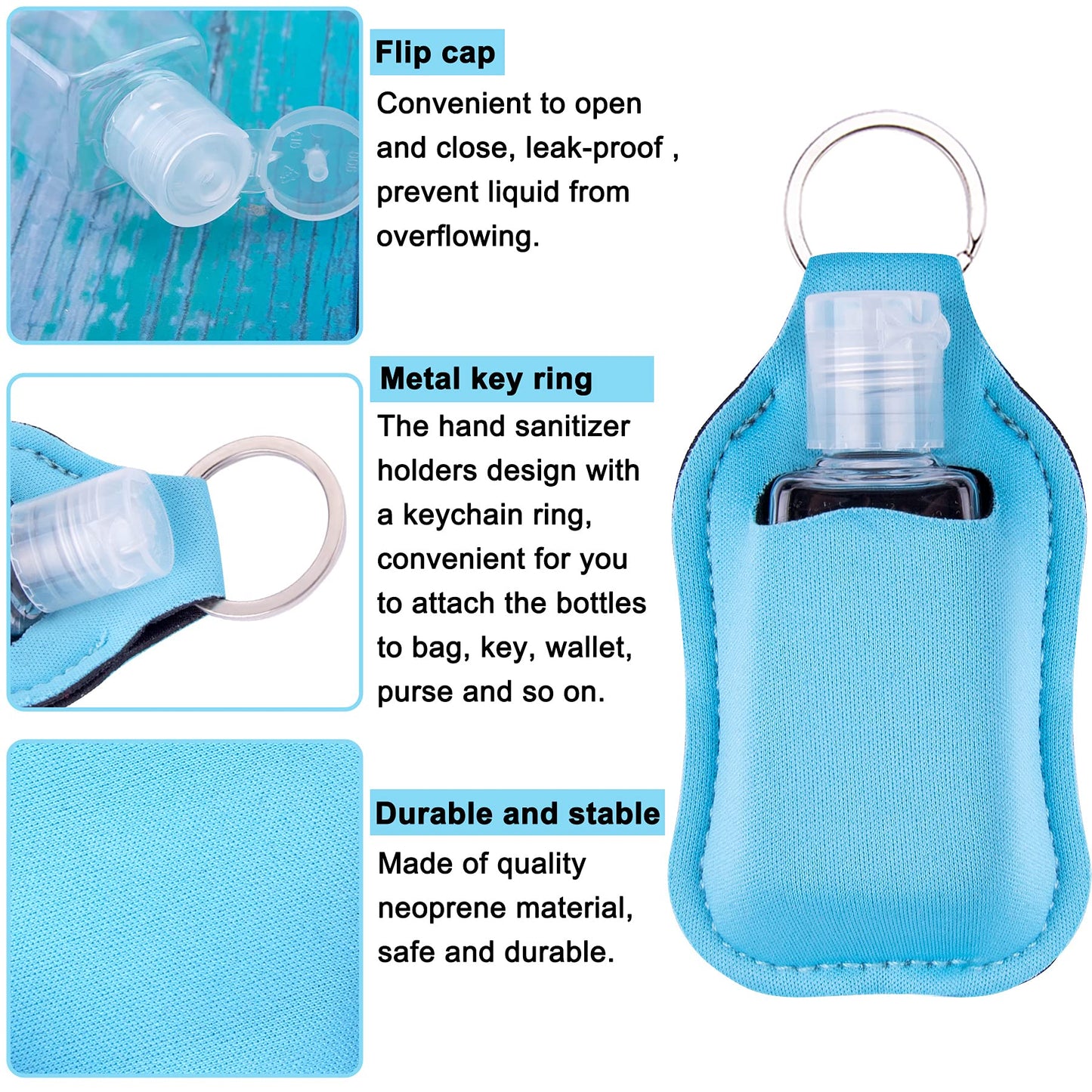 Duufin 60 Pieces Hand Sanitizer Keychain Holders Empty Travel Bottles Set Including 30 Pieces Reusable Clear Bottles and 30 Pieces Hand Sanitizer Holder for Backpack and Purse