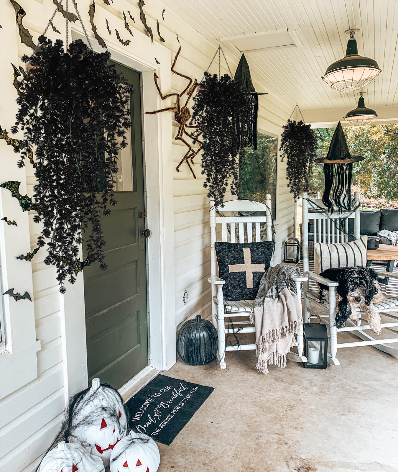 RECUTMS Black Hanging Flowers Faux Hanging Plants Black Artificial Hanging Plant Fake Greenery Faux UV Resistant Hanging Vines Plant for Indoor Outdoor Wedding Halloween Party Fall Wall Decor 3 Packs