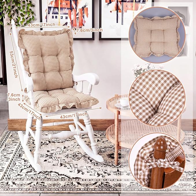 Lewtemi 2 Set Brown Gingham Rocking Chair Cushion Village Ruffled Rocking Chair