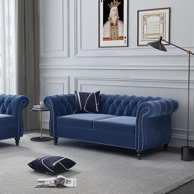 ORRD 2 Pieces Living Room Set, Velvet Couch Chesterfield Sofa Loveseat