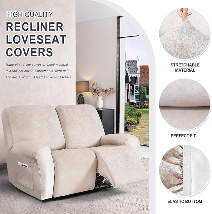ANARACHON Leather Look Loveseat Recliner Cover, 6-Pieces Stretch Dual Recliner