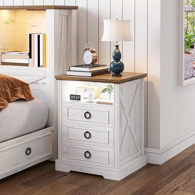Nightstand Set 2 with Charging Station, Farmhouse End Side Table with 3 Drawers