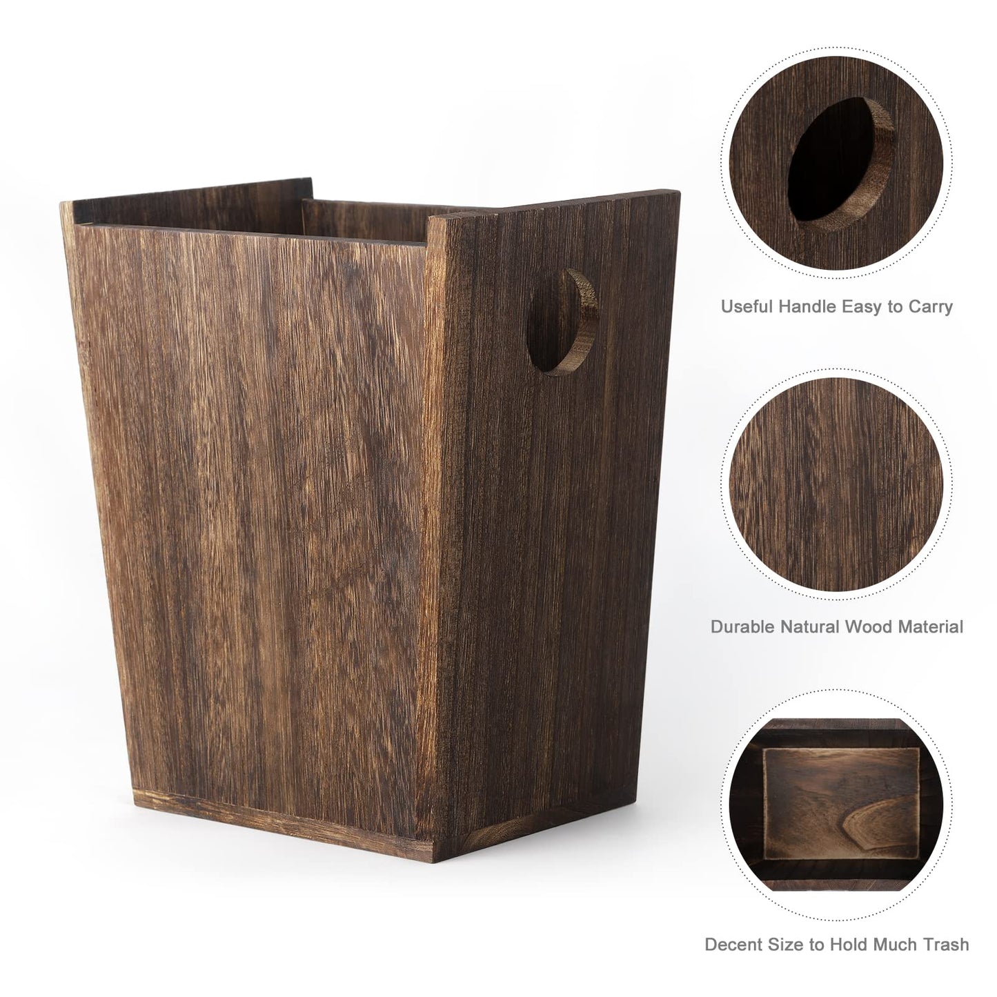 Wood Trash Can Wastebasket Small Rectangular Farmhouse Rustic Garbage Bin with Handles for Bedroom, Bathroom, Kitchen, Office, Brown