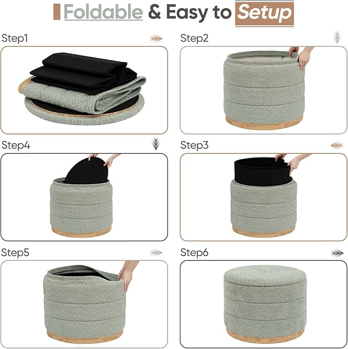 Round Storage Ottoman with Tray Lid, Folding Chenille Fabric Footrest with