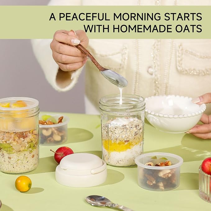 Overnight Oats Containers with Handles & Lids – 16oz Glass Mason Jars with Spoons & Fruit Compartments, Meal Prep Breakfast Jars, 2 Sets (Cream, Dark Blue)