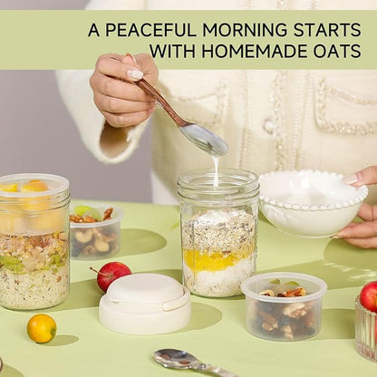 Overnight Oats Containers with Handles & Lids – 16oz Glass Mason Jars with Spoons & Fruit Compartments, Chia Pudding Jars with Lids, 2 Sets (Cream, Yellow)
