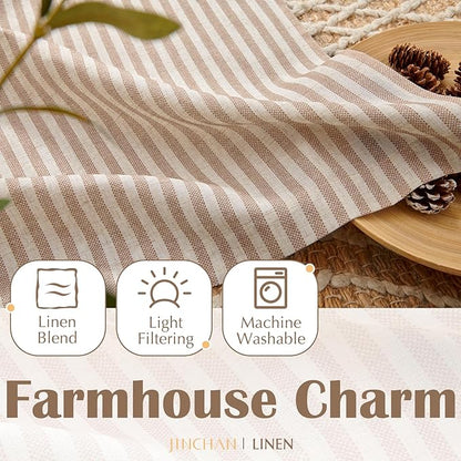 jinchan Striped Linen Kitchen Curtains 36 Inches Length Tier Curtains Farmhouse Modern Cafe Style Small Window Treatments Airy Light Filtering Rod Pocket for Living Room Bathroom 2 Panels Tan