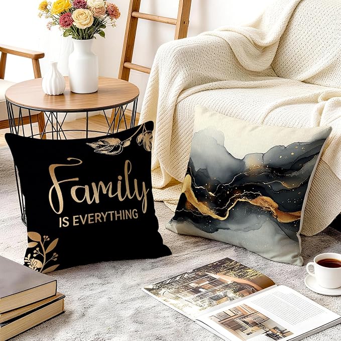 OBSEDE Black Gold Marble Sweet Home Decorative Throw Pillow Covers 18 × 18 in