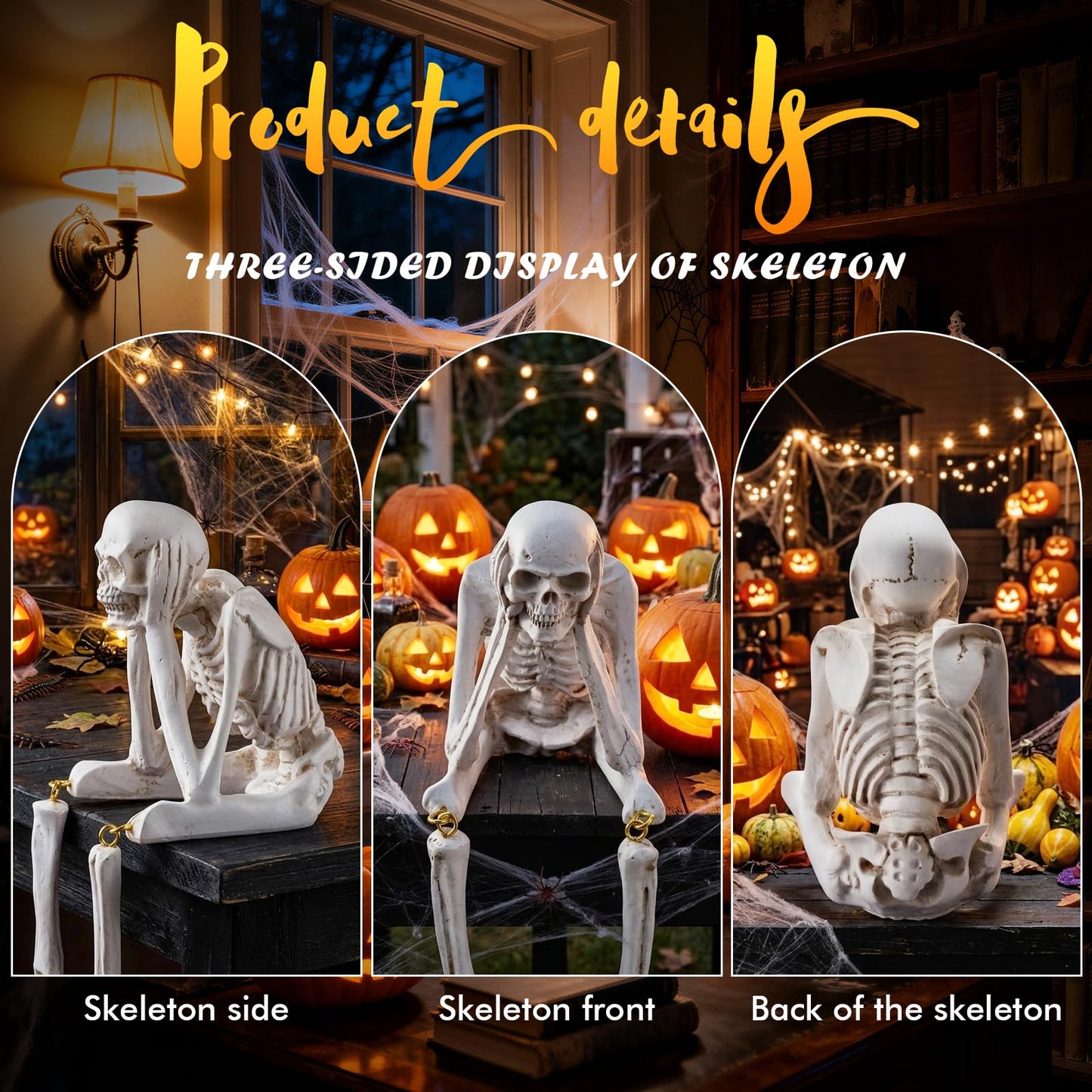 Zalovvi Halloween Skeleton Decor, See No Evil Hear No Evil Speak No Evil Statues Set of 3, Resin Skull Figurines for Home Mantel Living Room Office, Halloween Decorations Gift (Halloween)