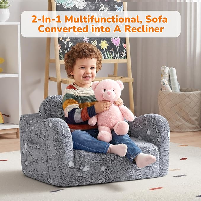 MeMoreCool Glow-in-the-Dark Dinosaur Kids Couch, 2-in-1 Foldable Kids Couch and