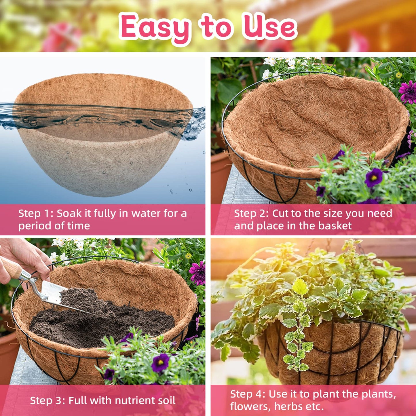 Riare 4 Pack 20 Inch Round Coco Liners Replacement, 100% Natural Coconut Coir Liners for Hanging Baskets, Garden Flower Vegetables Planter Pot, Window Box, Fence, Decks